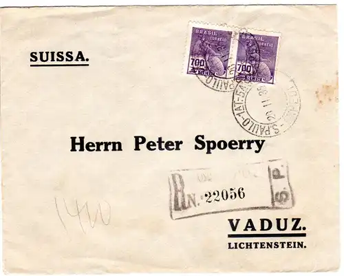 Brasilien 1935, Paar 700 R. auf Einschreiben Brief v. Sao Paulo n. Liechtenstein