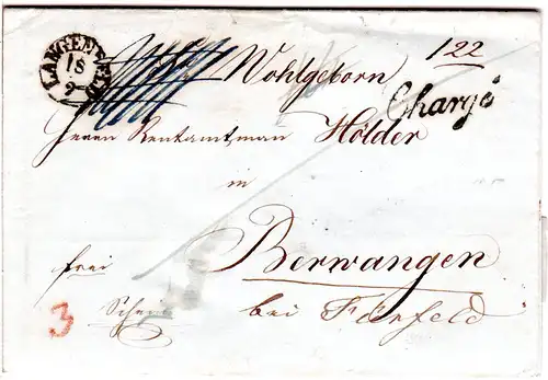 Bayern 1847, Fingerhut Stpl. LANGENFELD u. L1 Chargé auf Brief v. Obersteinbach.