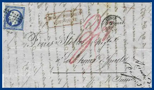 Frankreich 1856, postage due-letter from Nimes to Switzerland. #S9