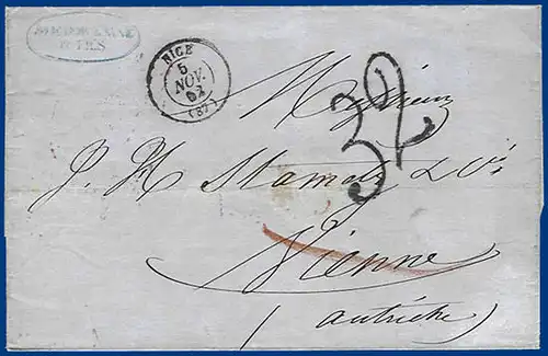 Frankreich Österreich 1862, Porto Stpl. "32" (Kreuzer) auf Brief v. Nice. #1020