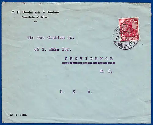 DR 1914, EF 10 Pfg. f. Brief sog. "direkter Weg" v. Mannheim nach USA #S762