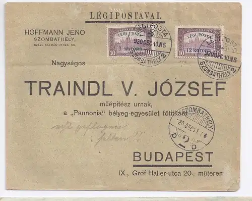 Ungarn 1920, Szombathely, echt geflogener Flugpost Brief m. Ank.Stpl. #705