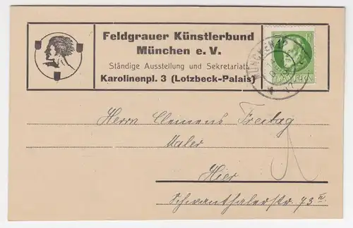 Bayern 1919, Postkarte "Feldgrauer Künstlerbund München" an C. Freitag. #1489