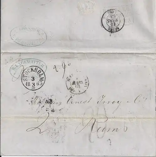 Schweden Frankreich 1863, K1 Stockholm auf Brief m. Portostempel "20". #2249