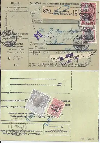 DR 1915, Paketkte. v. Neusalz Oder m. rücks. 2 Rumänien Steuermarken. #S489