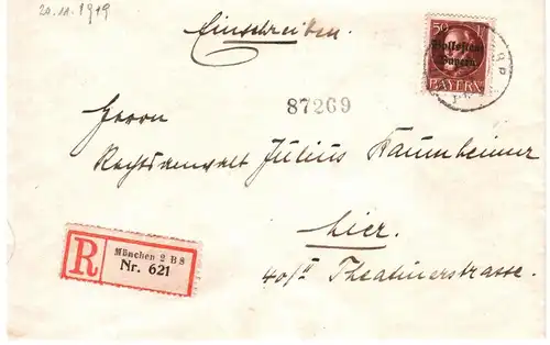 Bayern 1919, portorichtige EF 50 Pf. auf Orts Einschreiben Brief München #2472