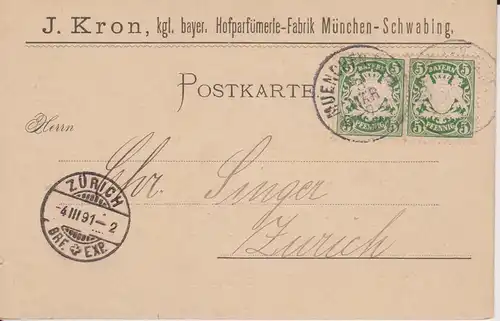 Bayern 1891, K1 Muenchen XXIII, Schwabing auf Firmen Karte i.d. Schweiz. #953