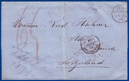 GB 1859, Liverpool, unpaid letter to Switzerland. Postage 65 C. #S750