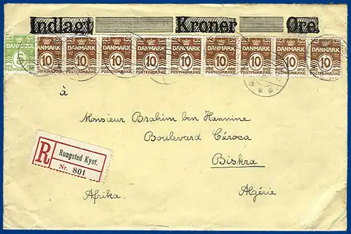 Dänemark Algerien 1933, Einschreiben Brief v. Rungsted Kyst. Porto 95 öre #1464