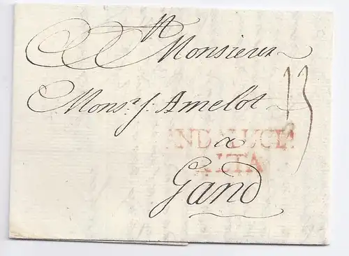 Spanien Belgien 1768, Andalucia Alta in rot auf kpl. Porto Brief nach Gent. #378