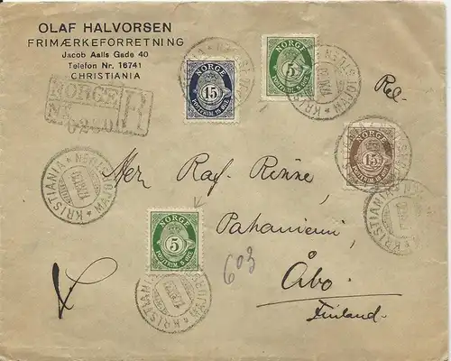 Norwegen 1920, Mischfrankatur 15+15 auf Einschreiben Brief n. Finnland. #3024