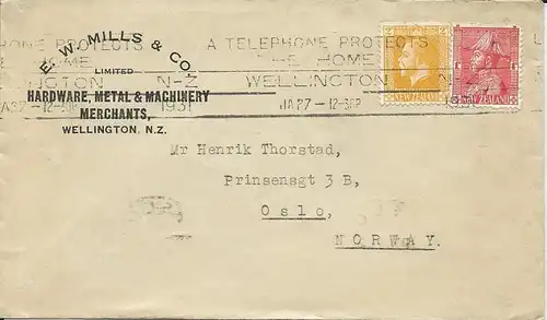 Neuseeland 1928, 1+2d auf Brief v. Wellington n. Norwegen. Destination ! #3019