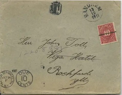 Schweden 1911, Punktstempel SANDHEM auf Brief m. USA Portomarke 10 C. #3013