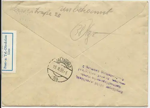 Österreich 1958, "amtlich geöffnet Linz"-Label auf Retour Brief Salzburg. #2912
