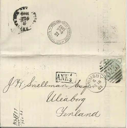 GB Finland 1882, EF 1/2 P. auf kpl. Falt Drucksache v. Grimsby m. Ankunftst. #35