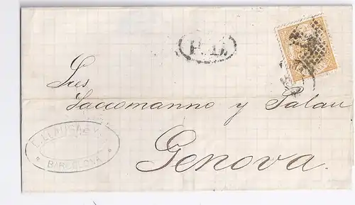 Spanien Italien 1874, 50 C. auf  "P.D." Brief v. Barcelona. #760