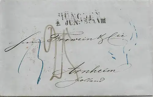 Bayern 1859, L2 München auf Porto Brief n. NL via Sachsen Bahnpost. #1832