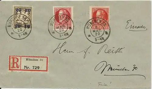 Bayern 1920, 96 a+b zus. m. 20 Pf. auf portorichtigem Reko Orts Brief. #2772