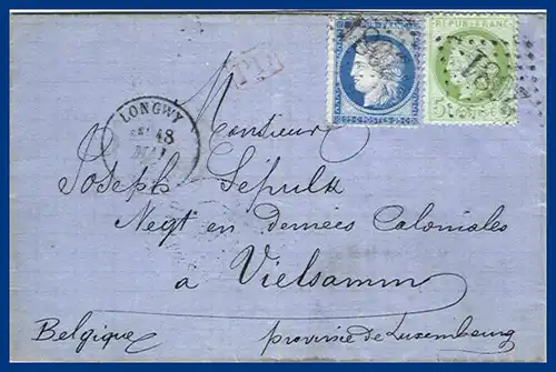 Frankreich 1875, 5+25 C. auf Brief v. Longwy nach Vielsalm Prov. Luxembourg #S14