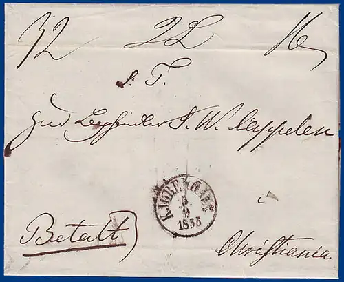 Denmark 1855, 32 Skilling prepaid heavy letter ("2L") to Norway #S427