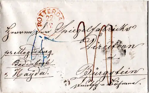 NL 1859, roter K1 ROTTERDAM auf Porto Brief nach Böhmen, Österreich