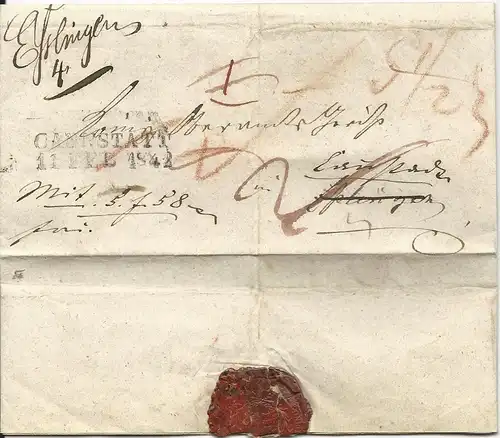 Württemberg 1842, hds. Esslingen auf Nachsende Wert Brief m. L2 Cannstadt