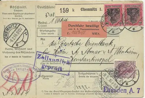 DR 1916, Paketkarte v. Chemnitz m. Österreich Durchfuhrbewilligung i.d. Türkei.