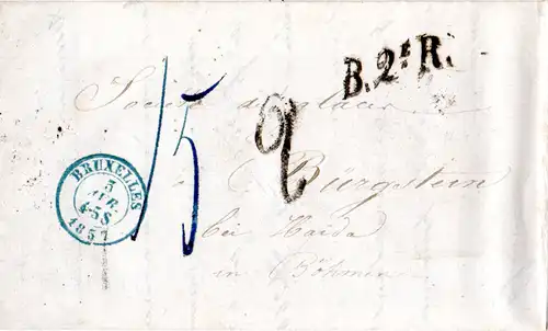 Belgien 1857, B.2e.R. auf Porto Brief v. Bruxelles n. Haida, Böhmen, Österreich