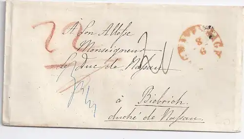 NL Taxis 1859, s´Gravenhage in rot auf Porto Brief nach Biebrich, H.-Nassau. 