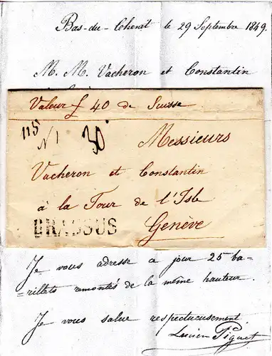 Schweiz 1849, L1 BRASSUS auf Wert Brief v. Bas-du-Chenit n. Geneve