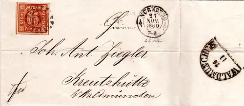 Bayern 1860, breitrandige 6 Kr. auf Brief v. Nürnberg n. Kreuzhütte, Österreich