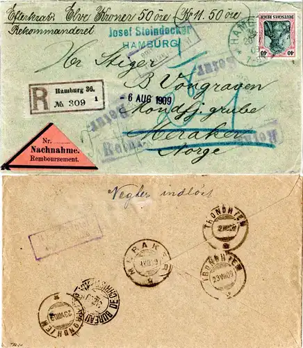 DR 1909, EF 40 Pf. auf Einschreiben Nachnahme Brief v. Hamburg n. Norwegen