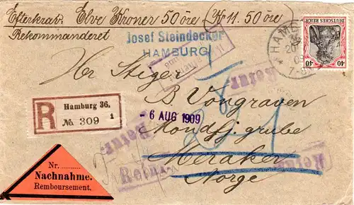 DR 1909, EF 40 Pf. auf Einschreiben Nachnahme Brief v. Hamburg n. Norwegen