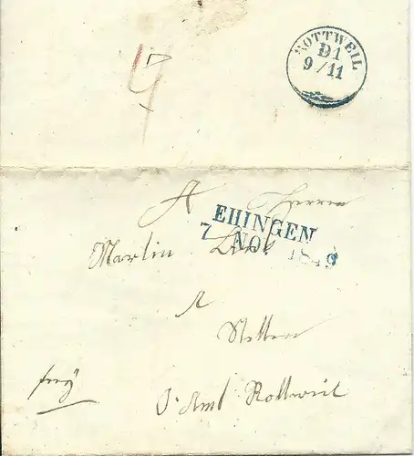 Württemberg 1849, Zustell-K1 ROTTWEIL rücks. auf Brief m. blauem L2 EHINGEN