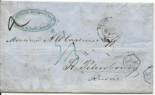 Frankreich 1858, Porto Brief m. Vertragsstpl. "F.33" v. Paris n. Russland.
