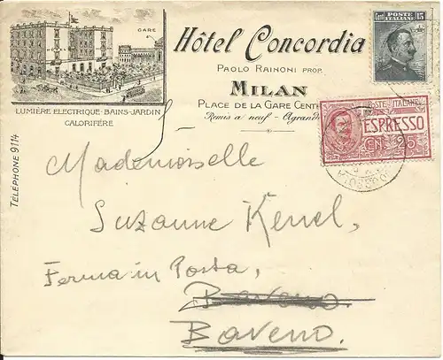 Italien 1908, Hotel Express Brief m. Stpl. Milano A Domodossola n. Baveno.