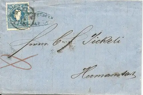 Österreich 1859, Brief m. 15 Kr. u. K1 + Firmenvorausentwertung v. Temesvar