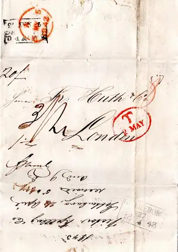 Schweden 1843, R3 GÖTHEBORG rücks, auf Brief m. diversen Stempeln n. GB