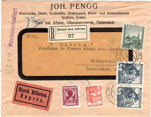 Österreich 1935, 2 S.+4 Marken auf portorichtigem Reko Brief v. Thörl bei Aflenz