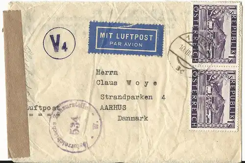 Österreich 1947, MeF Paar 1 S. auf Luftpost Zensur Brief v. Wien n. Dänemark.