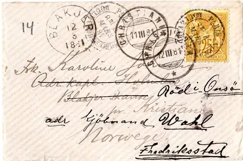 Frankreich 1881, 25 C. auf Brief v. Paris m. diversen Norwegen Stempeln.