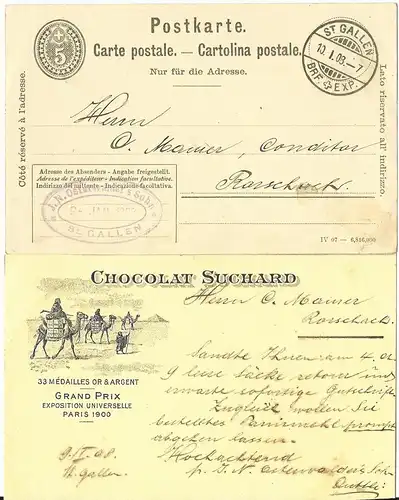 Schweiz 1908, Ganzache v. St. Gallen mit rücks. Suchard Werbung 