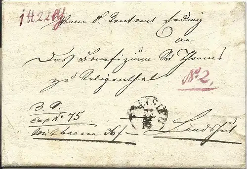 Bayern 1836, Fingerhutstpl. Freising auf Wert Paket Brief v. Erding n. Landshut 