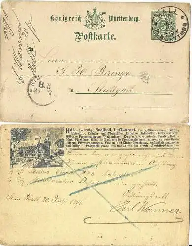 Württemberg 1891, 5 Pf. Ganzsache m. rs. Bildzudruck Solbad Hall, AK Vorläufer