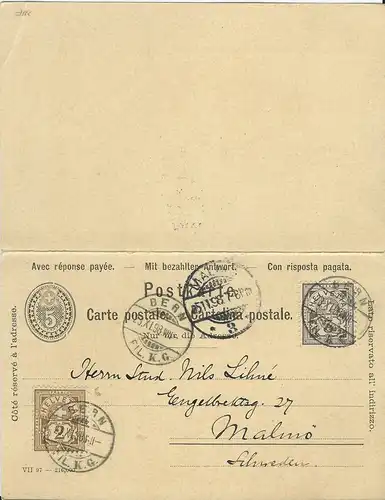 Schweiz 1898, 2+3 C. Zusatzfr. auf 5 C. Doppel Ganzsache  v. Bern n. Schweden. 