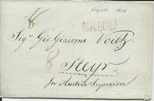 Italien Neapel 1804, Brief m. rotem L1 NAPOLI nach Steyr in Österreich.
