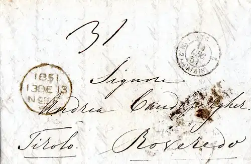 GB 1851, Brief v. London m. gedruckter Preisliste n. Roveredo Österreich