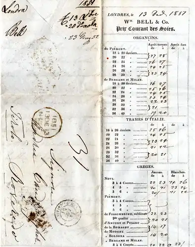 GB 1851, Brief v. London m. gedruckter Preisliste n. Roveredo Österreich