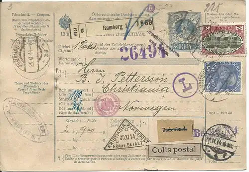 Österreich 1914, 2 Kr.+25 H. auf 10 H. Paketkarte v. Rumburg n. Norwegen.