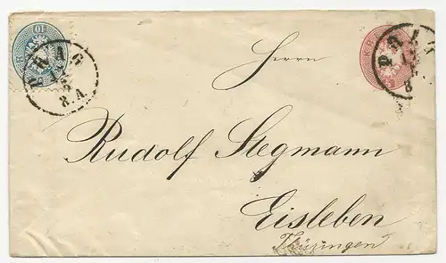 Österreich, 10 Kr. 1864 als Zusatzfrankatur auf 5 Kr. Ganzsache Brief v. Prag 
